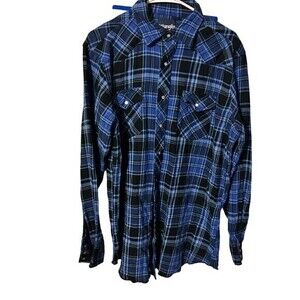 Wrangler Mens‎ XL Pearl Snaps Blue Plaid Flannel Long Sleeve Shirt